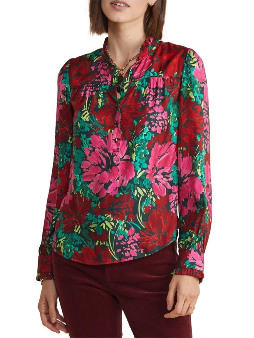 Vineyard Vines Floral Long-Sleeve Blouse - Red, Pink & Green